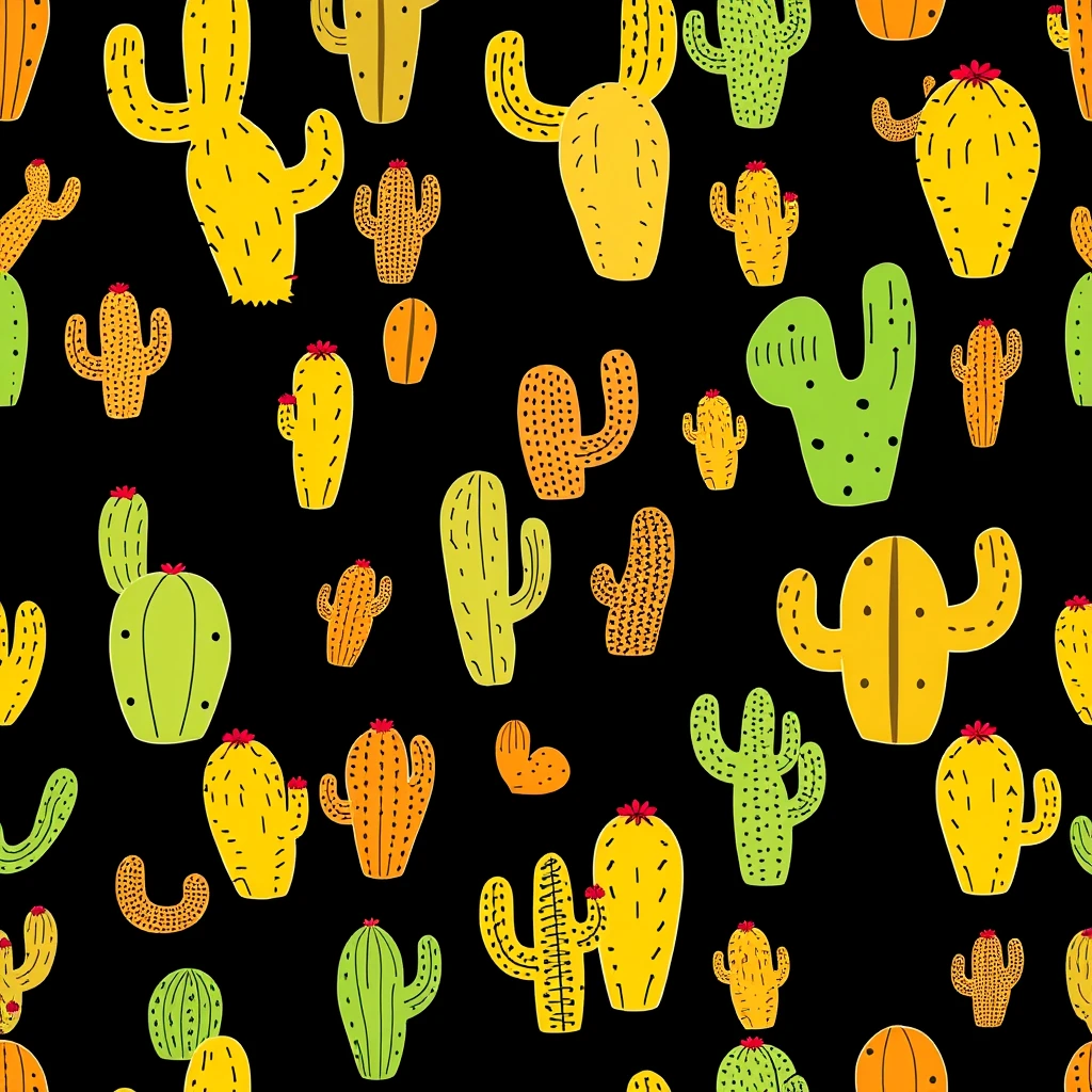 Vibrant t-shirt design with a black background, graphic design vector, minimalist, seamless pattern with yellow, orange, brown, and green doodle cacti on a beige background. Print with funny cartoon characters for fabric, wrapping paper, scrapbooking, planners, wallpaper, and more. - Image