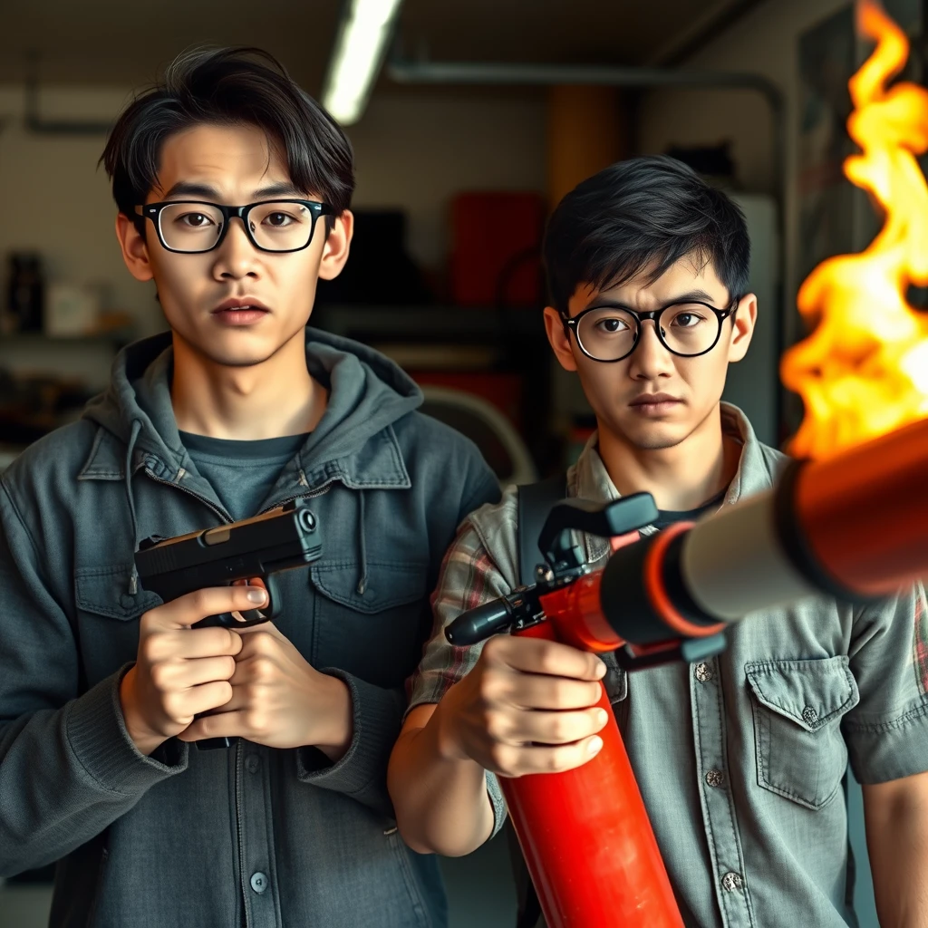 21-year-old white thin long-faced young northern Chinese man with a square chin, wearing square glasses, holding a pistol, "medium/long length hair"; 21-year-old white Italian man wearing round glasses and short hair holding a very large fire extinguisher flamethrower; garage setting; both angry.