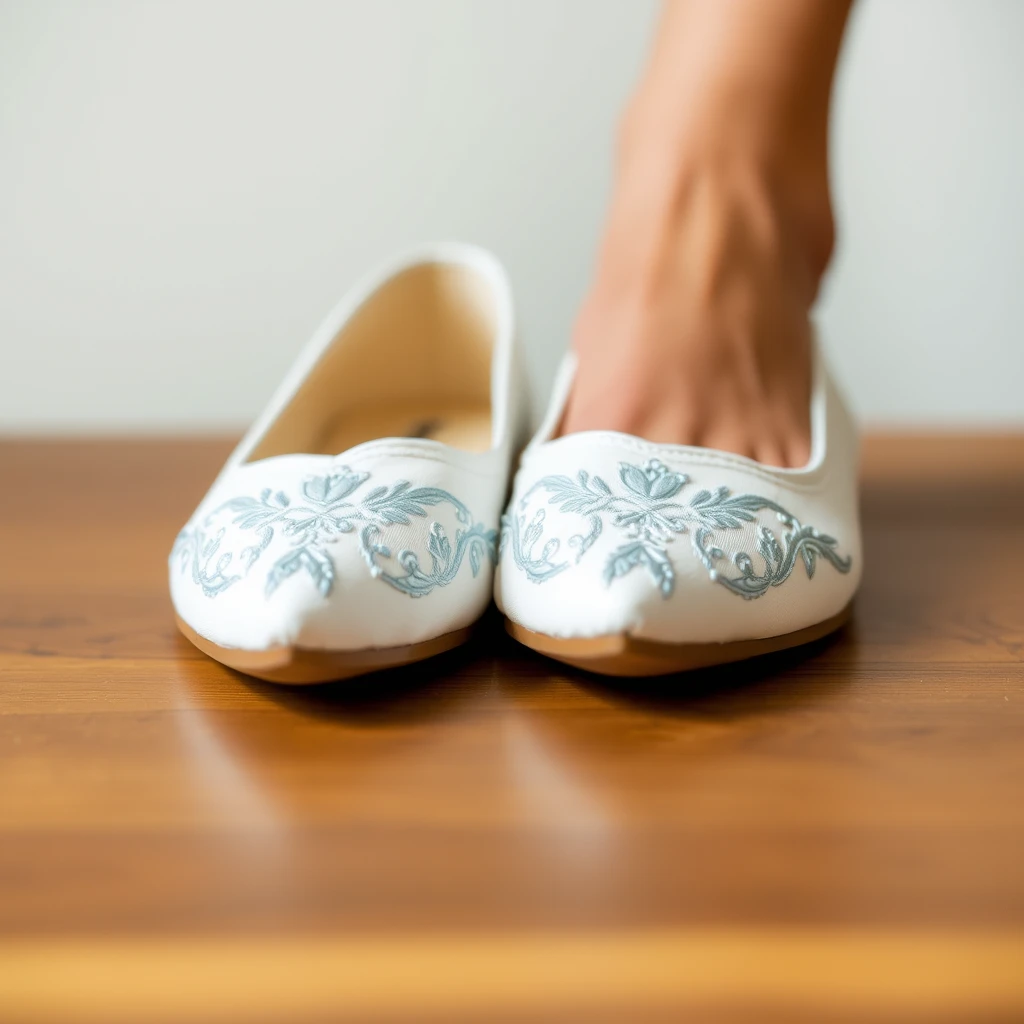 Detailed white flat pumps embroidered with a light blue pattern.