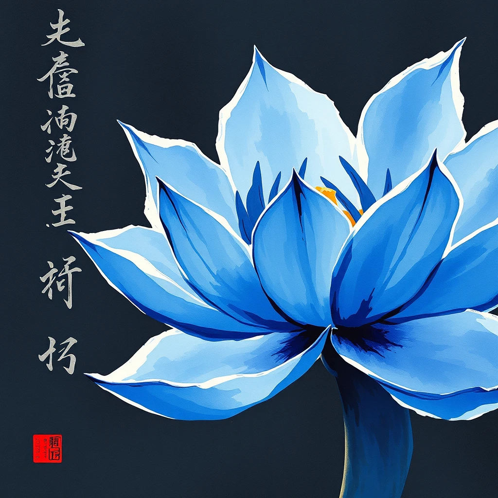 'Blue Lotus Ink Wash Painting Style with the words “Integrity” in calligraphy on the left side, 1920*1080'