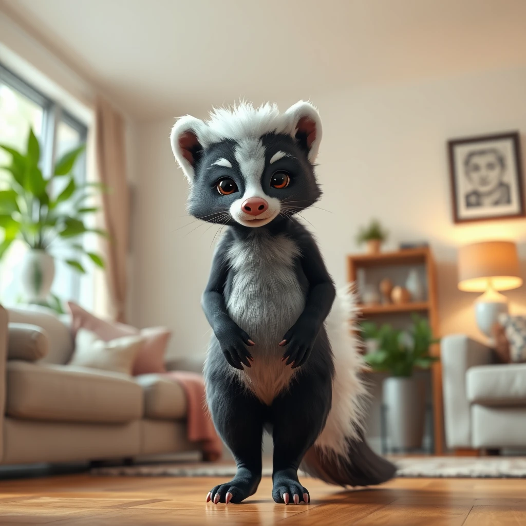 An anthropomorphic female human skunk with a human-like face standing in a living room.