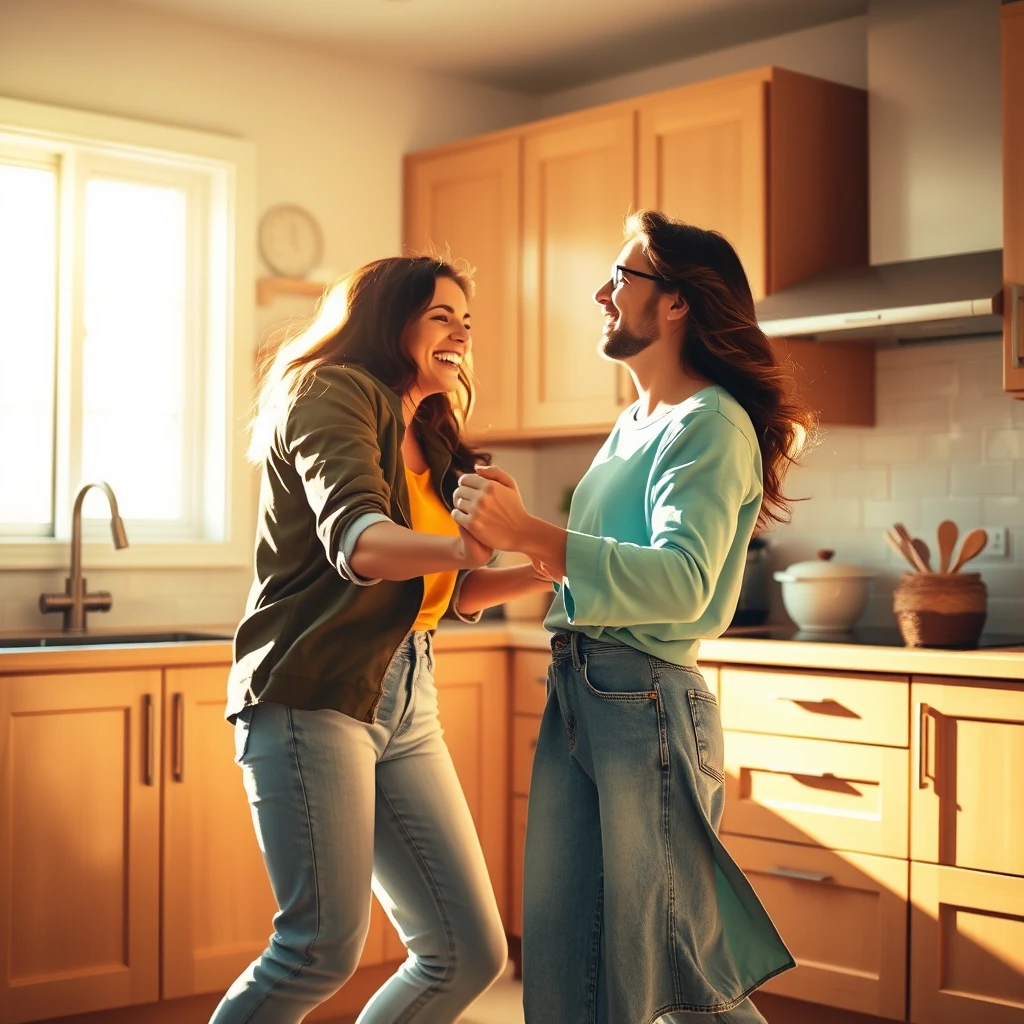 A joyful couple, beaming with bright smiles and sparkling eyes, share a carefree moment in a cozy kitchen, surrounded by warm beige cabinets and sleek countertops, as they twirl and sway to the rhythm of their own happy tune, bathed in the soft, golden glow of morning sunlight streaming through the window, casting a warm, inviting ambiance, with vibrant hues of turquoise, yellow, and orange popping against the crisp white walls, their relaxed, effortless dance moves frozen in time, as if captured in a candid snapshot, exuding an infectious energy and playful chemistry, perfect for an Instagram Reels cover that radiates warmth, joy, and the beauty of everyday moments.