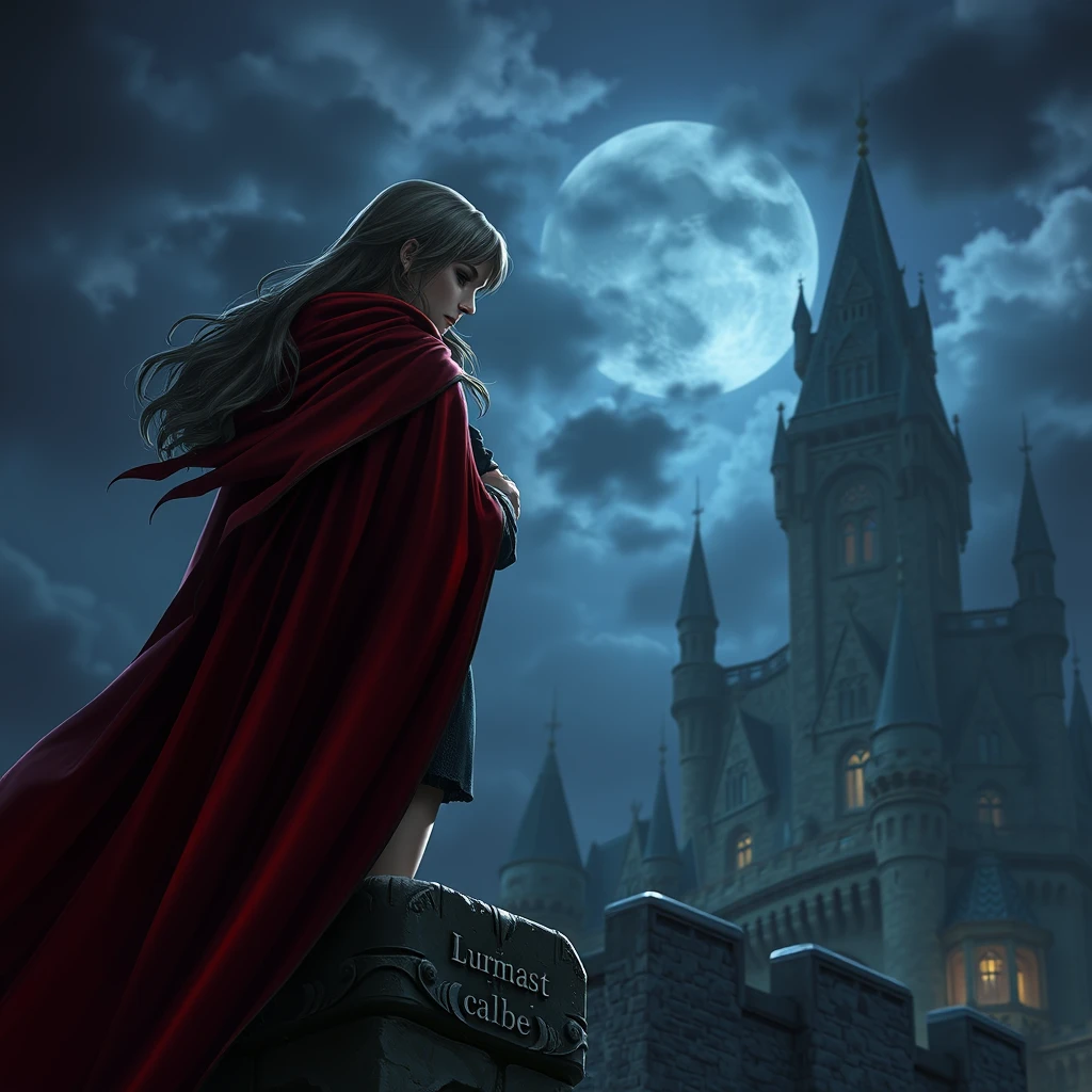 Photo realistic: Fantasy heroine with a red cape keeping watch at night on a castle.