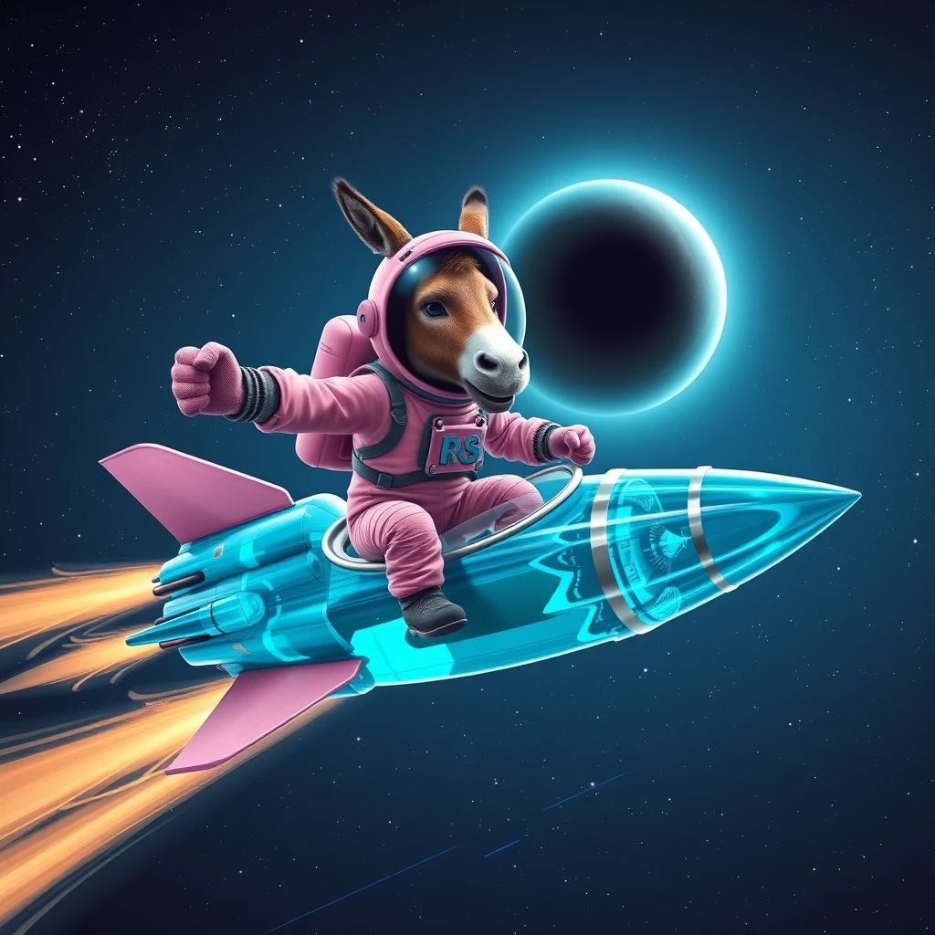 An ambitious donkey wearing pink astronaut costume, riding on a crystal stunning cyan spaceship, making a punching gesture, flying to the outerspace under a clear night sky with lots of shining stars, passing by a huge black-hole. Realistic style.