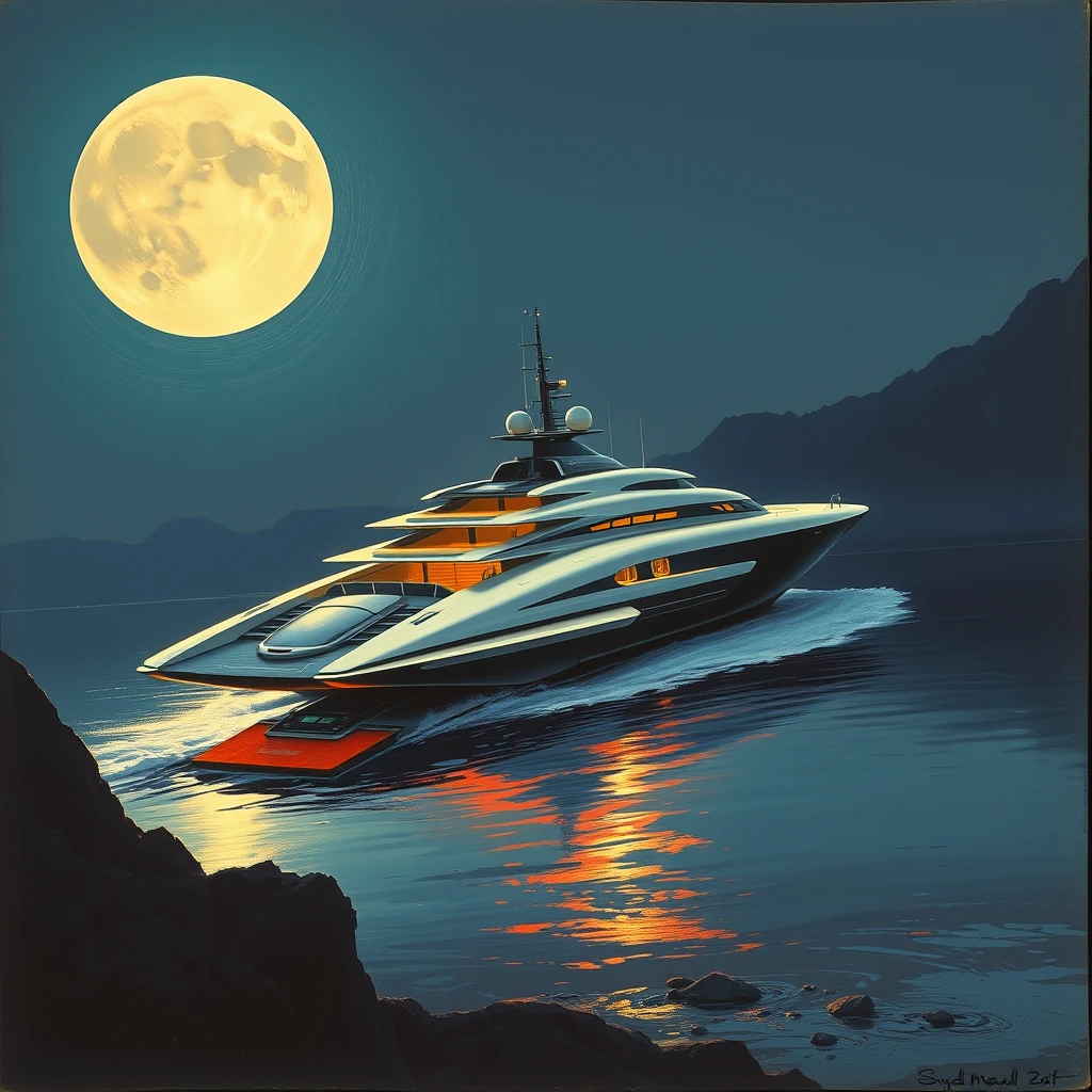 a space-yacht concept, being loaded, a painting by Syd Mead, sleek, moon setting. - Image