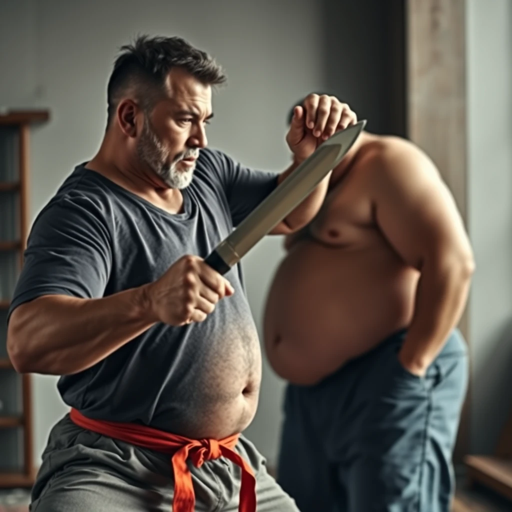 A strong, muscular middle-aged man is practicing martial arts; he is holding a long knife with the tip pointed at another fat man's belly. 4k, hd. - Image