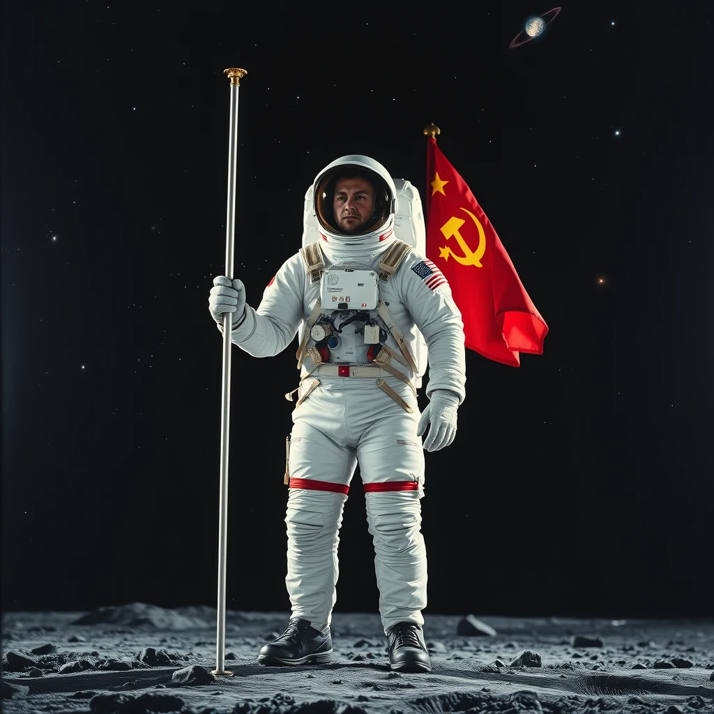 Soviet cosmonaut in a space suit standing on the Moon, facing the viewer. In his right hand he holds the pole of a flag of the Soviet Union, clearly visible next to him. Behind the cosmonaut, in the background, there is a black sky with bright stars, and galaxies in the distance. - Image