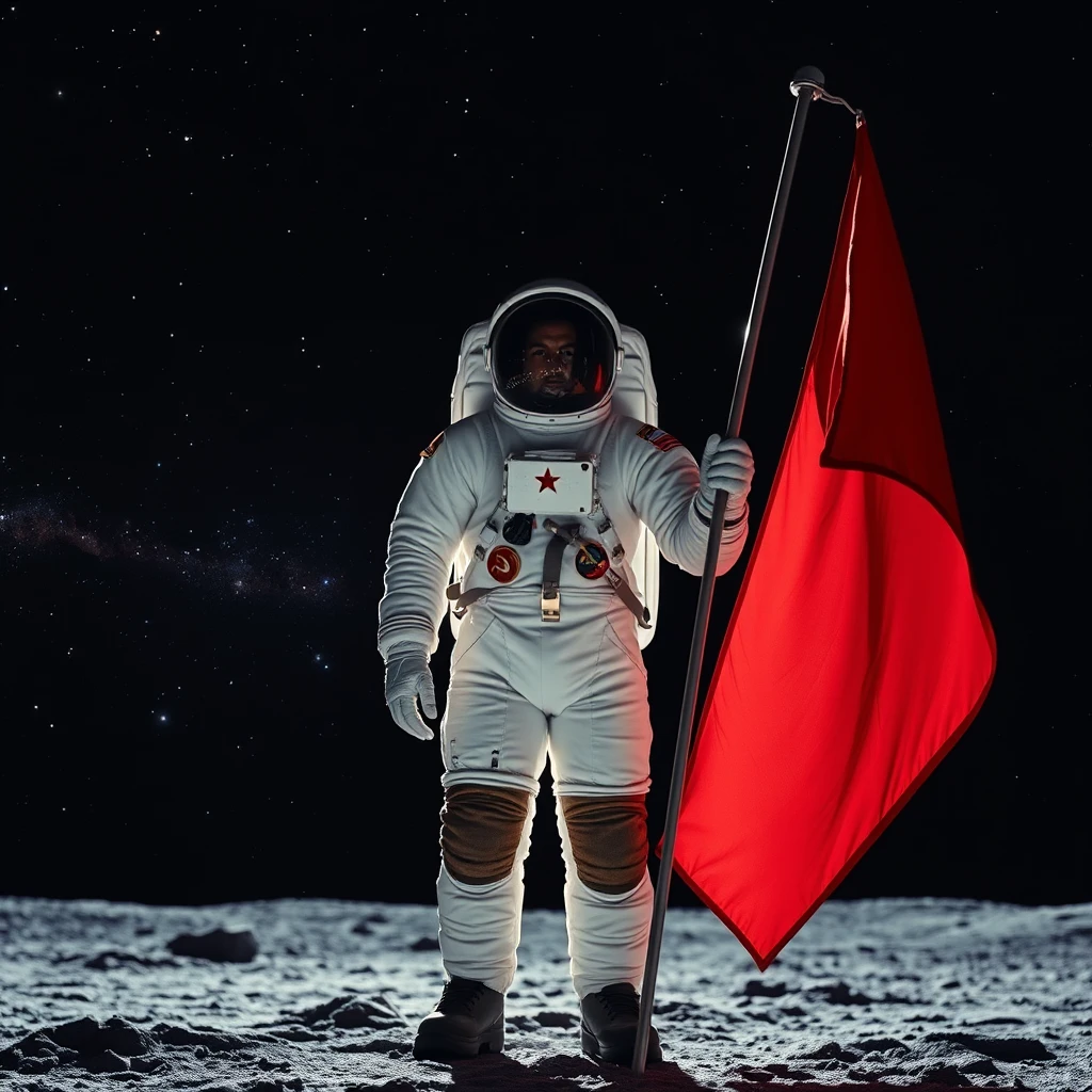 Soviet cosmonaut in a space suit standing on the Moon, facing the viewer. In his right hand he holds the pole of a flag of the Soviet Union, clearly visible next to him. Behind the cosmonaut, in the background, there is a black sky with bright stars, and galaxies in the distance.