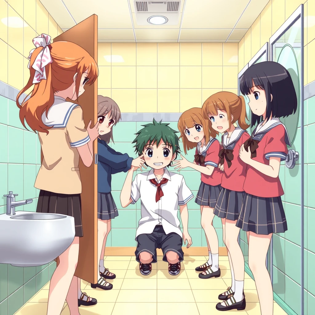 A group of beautiful girls beating a boy in the girls' bathroom at school. anime. - Image