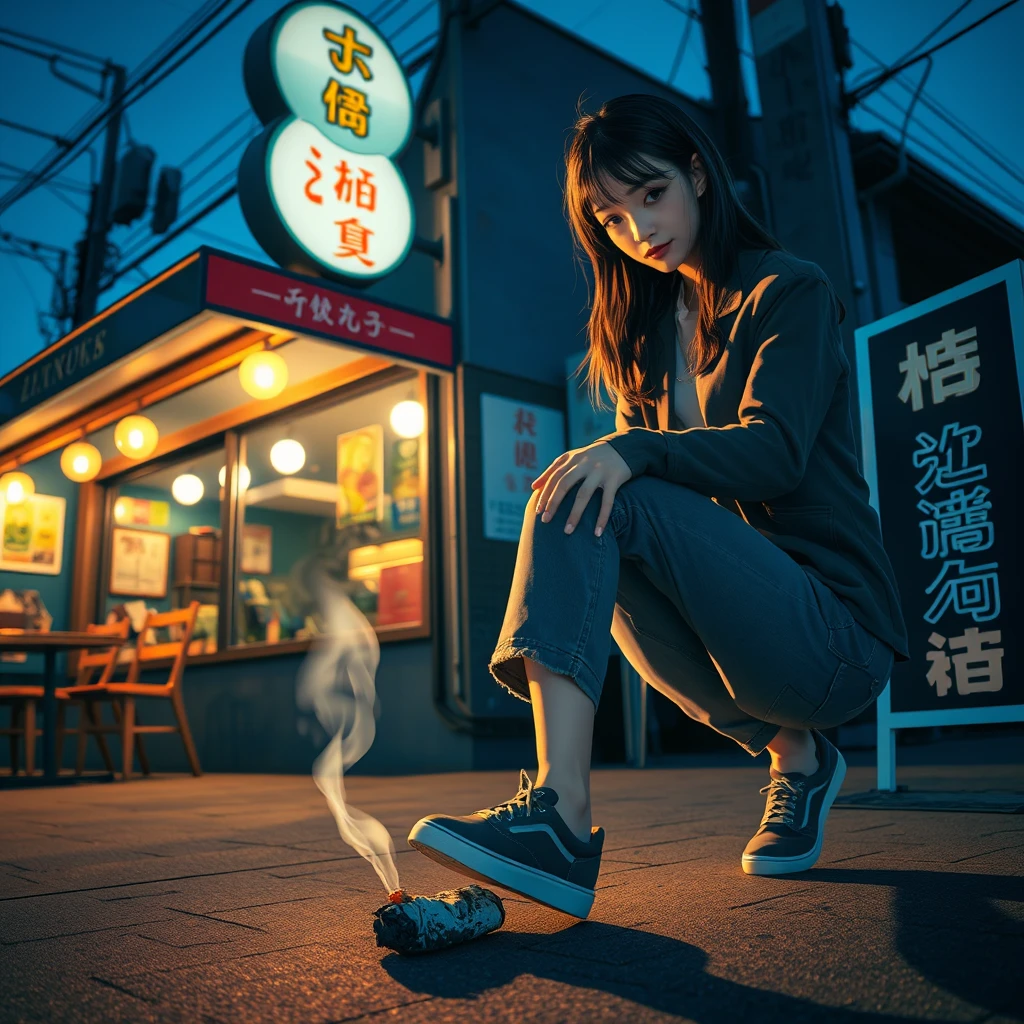 In the evening, a young woman is stomping on a cigarette butt outside a restaurant, and there is a sign outside the restaurant that is clearly visible with characters in Chinese or Japanese. - Image