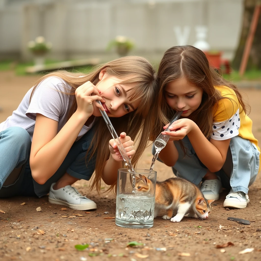 Two teen girls drink water on the ground like cats. - Image