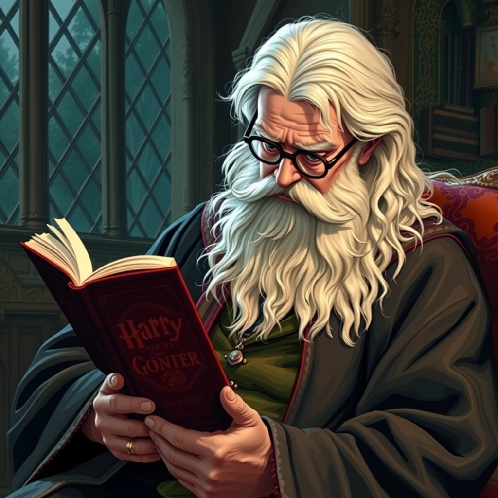 Photo: Albus Dumbledore reading a Harry Potter book.