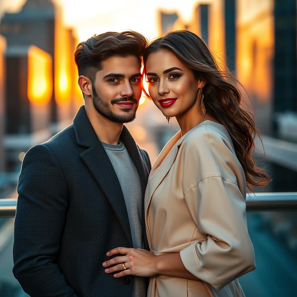 1 man 1 woman, handsome man, beautiful woman, couple, romantic gaze, stylish outfits, modern city backdrop, sunset lighting, soft focus, detailed facial features, charming smiles, casual poses, elegant fashion, urban romance, cinematic composition, warm colors, high contrast, bokeh effect, fashion magazine cover, trendy hairstyles, perfect skin, dreamy atmosphere. - Image