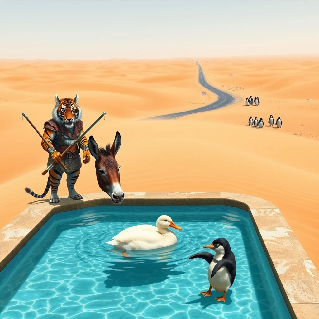 In an endless desert, a donkey and a duck are very cozy lying in a clear swimming pool. Two tigers with halberds stand around the pool as guards. Not far from the swimming pool, there is an endless road, where a few penguins are heavily burdened on the road. The duck and donkey are mocking the penguins.