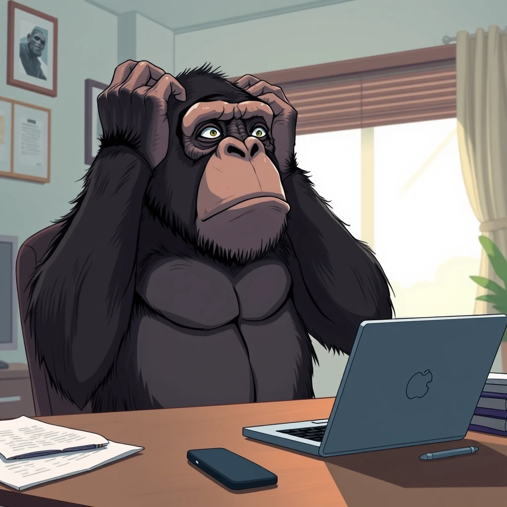 Chimpanzee sitting at a desk in a home office with a laptop computer in front of him. The ape is despondent, crying in rage and despair with his hands held to his head. Stylized detailed anime image with exaggerated expressions. - Image