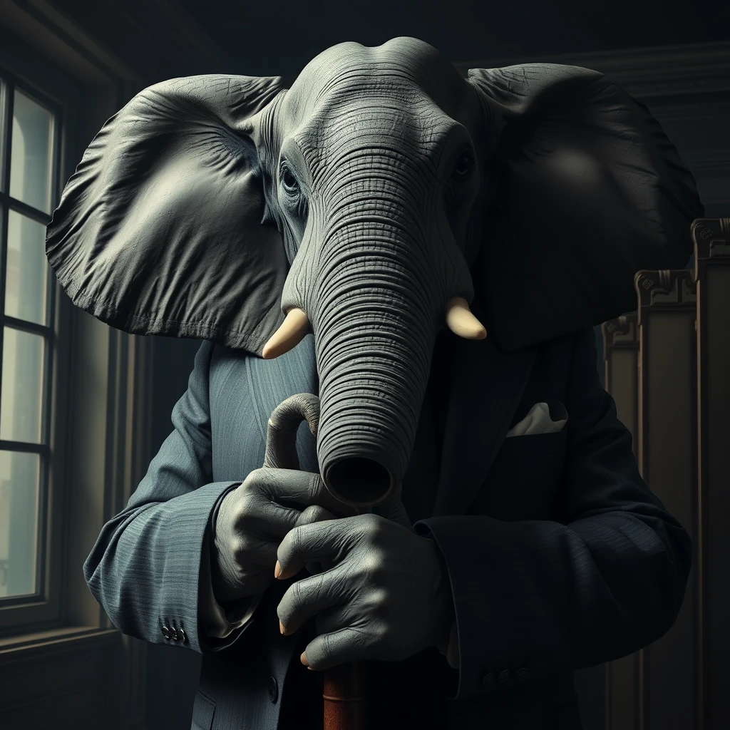 A large elephant man in a suit with large grey hands and hoof-like fingers holding a cane with the feel of a mob boss in a dark room.