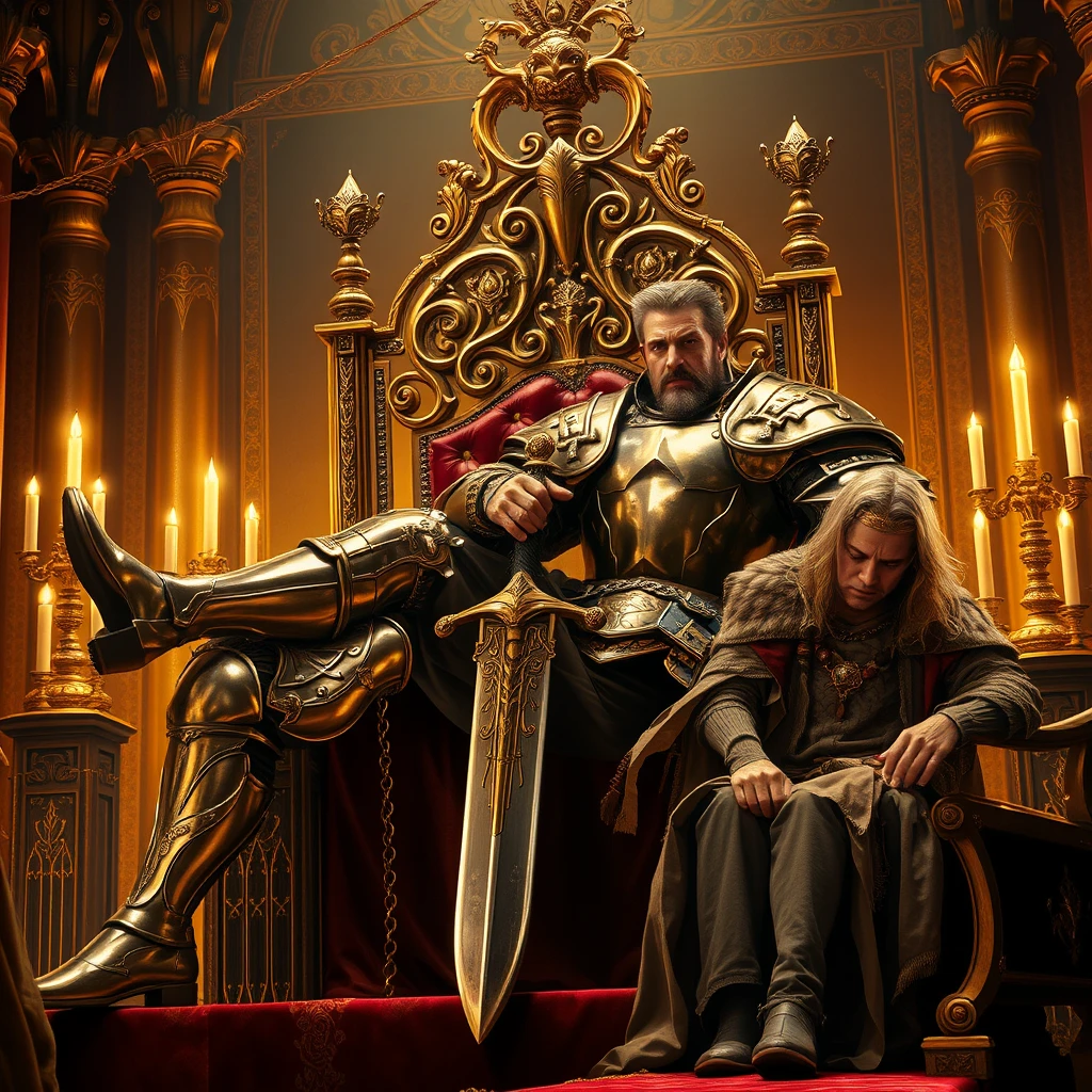 [Scene] A dramatically lit throne room, rich in medieval detail. Gleaming gold reflects off polished armor and a majestic throne.  
[Characters] A powerful, handsome usurper in ornate plate armor, radiating strength and ruthlessness. The deposed king, frail and defeated in tattered finery.  
[Pose of Characters] The usurper sits sprawled upon the throne, one leg casually draped over the armrest, his hand resting upon a large, ornate sword. His posture is arrogant and commanding, his gaze fixed on some distant point, radiating dominance and disdain.