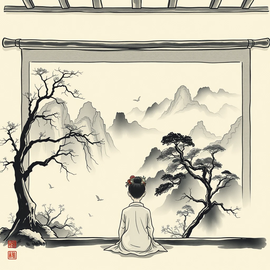 Sitting in front of the Chinese landscape ink painting, anime. - Image