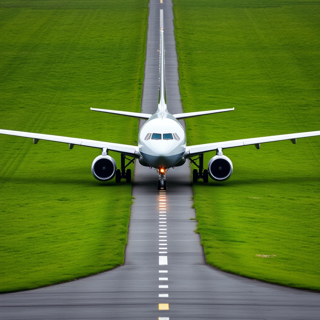 An airplane on the runway covered in green grass.