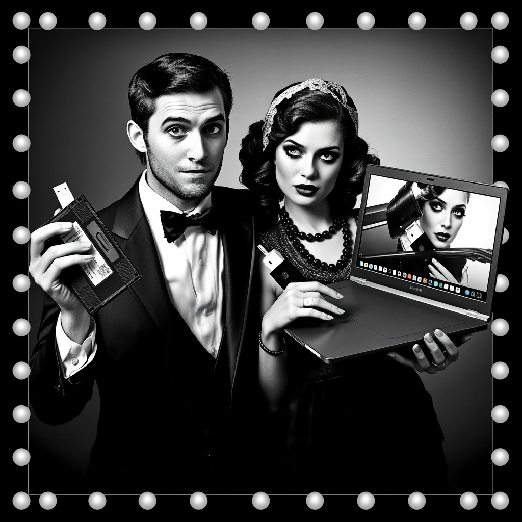 A black-and-white Vaudeville-style poster depicts a romantically involved couple from the 1920s, striking theatrical poses typical of the era. They are adorned in classic 1920s makeup. Each person is seen marveling at modern gadgets; the man holds a VHS tape and a thumb-drive, displaying a look of wonder, whereas the woman is captivated by the image on her Mac Pro laptop screen. - Image