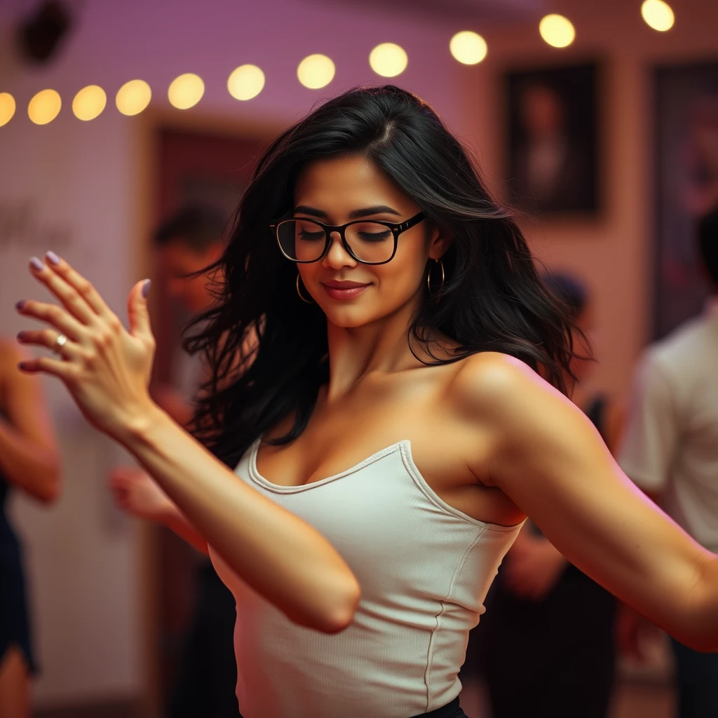 BEAUTIFUL DARK-HAIRED WOMAN IN GLASSES DANCING