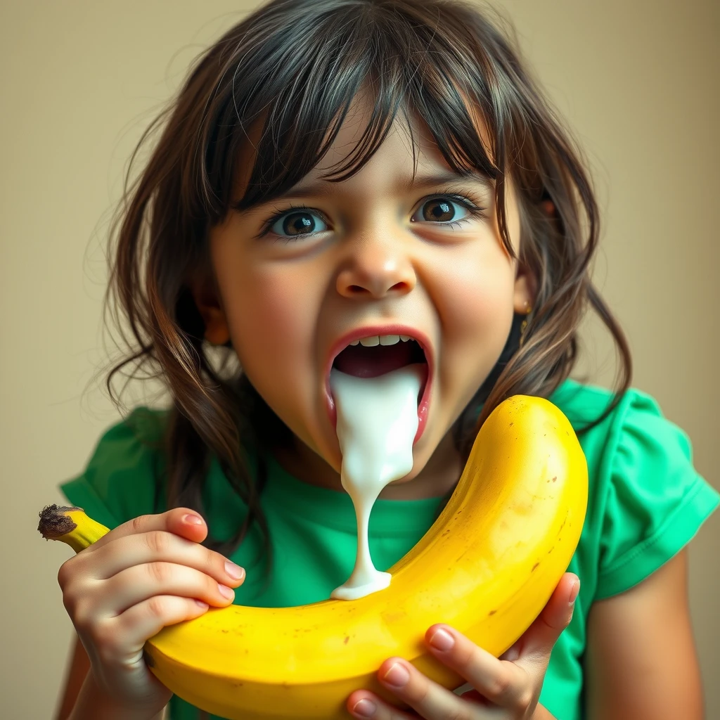 A girl with a banana is stunned, widening her mouth trying to swallow it, but it’s too big, and cow milk is coming out of the banana.