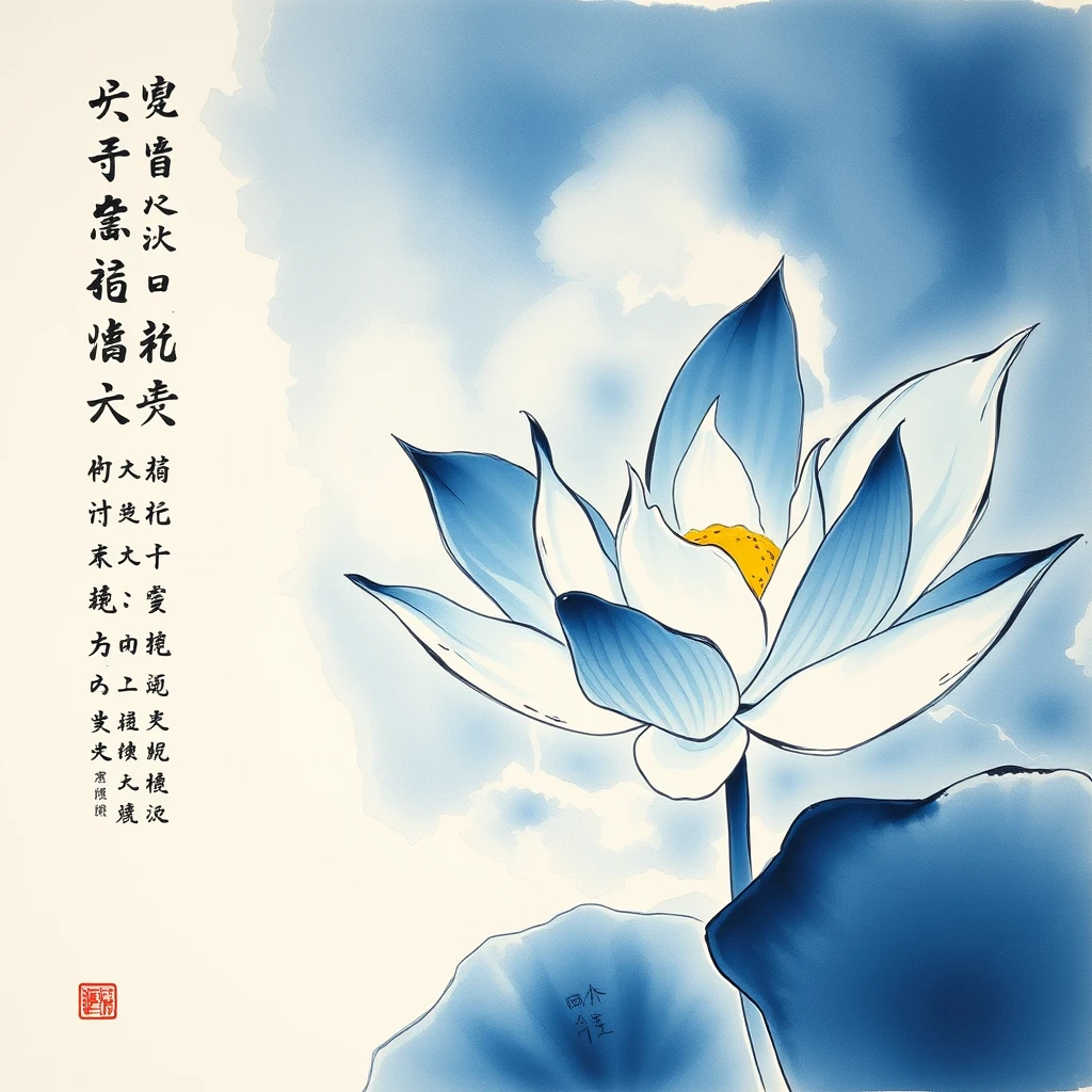 'Blue Lotus Ink Painting Style with a Poem about Integrity on the Left Side 1920*1080'