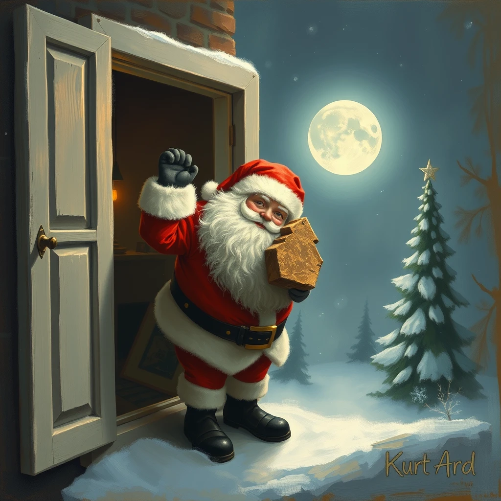 Santa's butt is stuck in an open window, a painting by Kurt Ard, 4k, detailed.