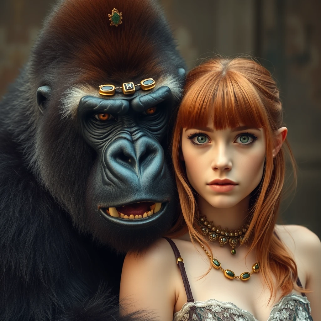 King fierce gorilla next to a cute ginger Russian green-eyed teenage queen with bangs in vintage style. - Image