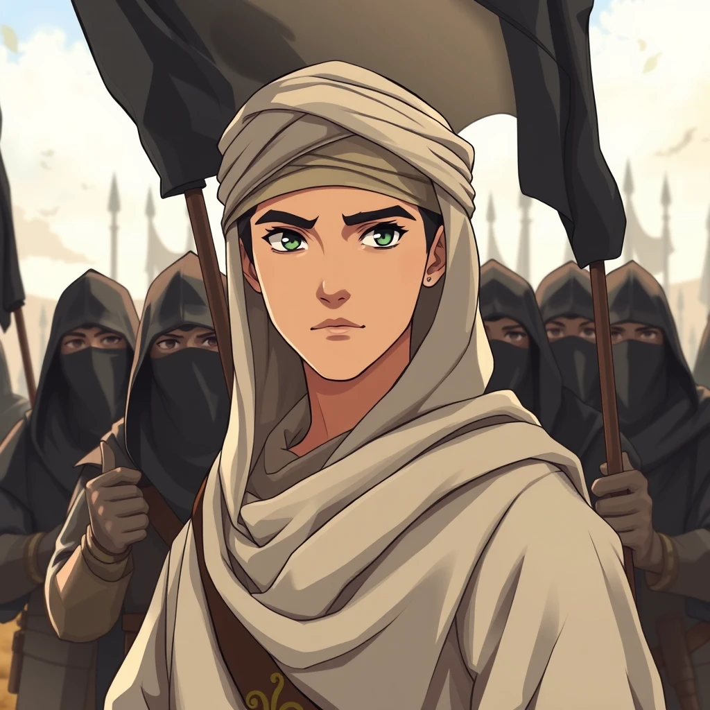 Full-view anime portrait of a young Muslim commander wearing a modest cloak-turban with scarf hood, standing behind the great Muslim warriors with a leader expression. The medieval Muslim warriors are covering their faces with veils and holding black shahada banners, guarding him in open land. Alpha, acrylic paint shader, dynamic illustration.