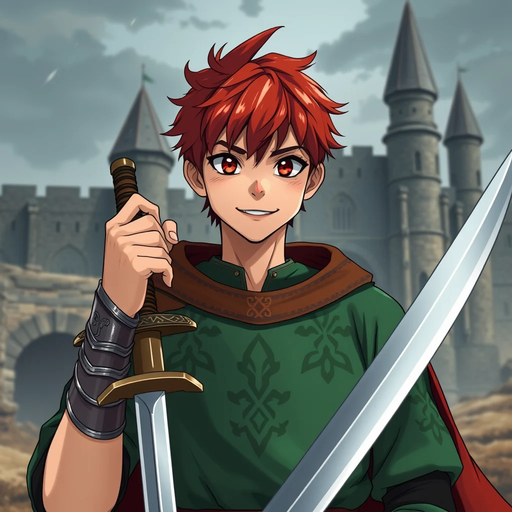 Medieval, a young male warrior with very short red hair, wearing a medieval Sogdian noble emerald green pullover with mysterious patterns, small eyes, big mouth, silver wristbands in royal style, has one hand holding a sword in a magical style. His expression appears deep and dark, smiling with teeth visible. The character design is in the style of anime. A medieval dark deserted castle is in the background, creating an epic scene, in the style of Craig Mullins, two-thirds body, 4k, UHD, best quality, vibrant colors, accurate body structure. - Image