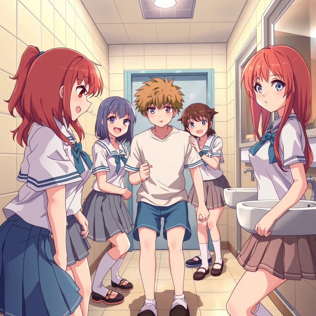 A group of beautiful girls beat up a boy in the girls' bathroom at school.anime