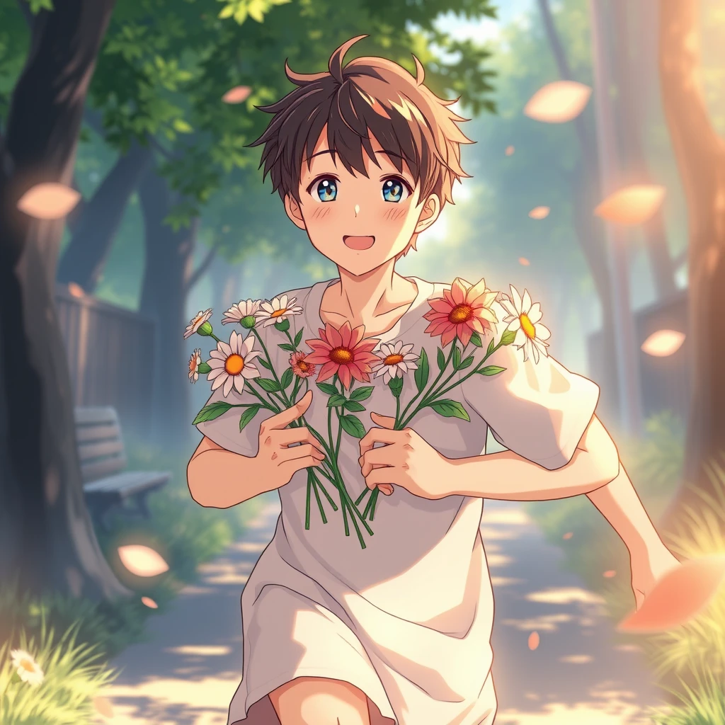 20 years old, holding flowers, running, anime, realistic, Japan, summer, single, boy