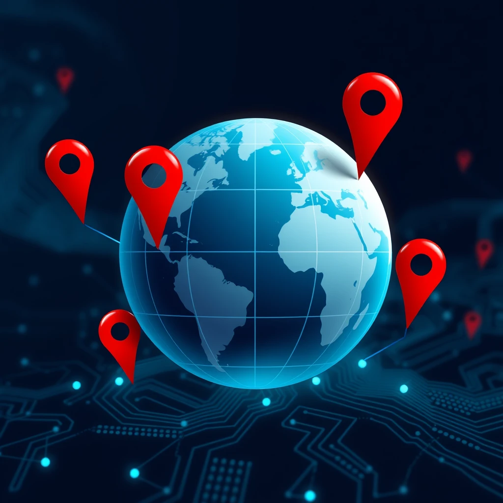 a logo of a cyber globe with red points over the map - Image