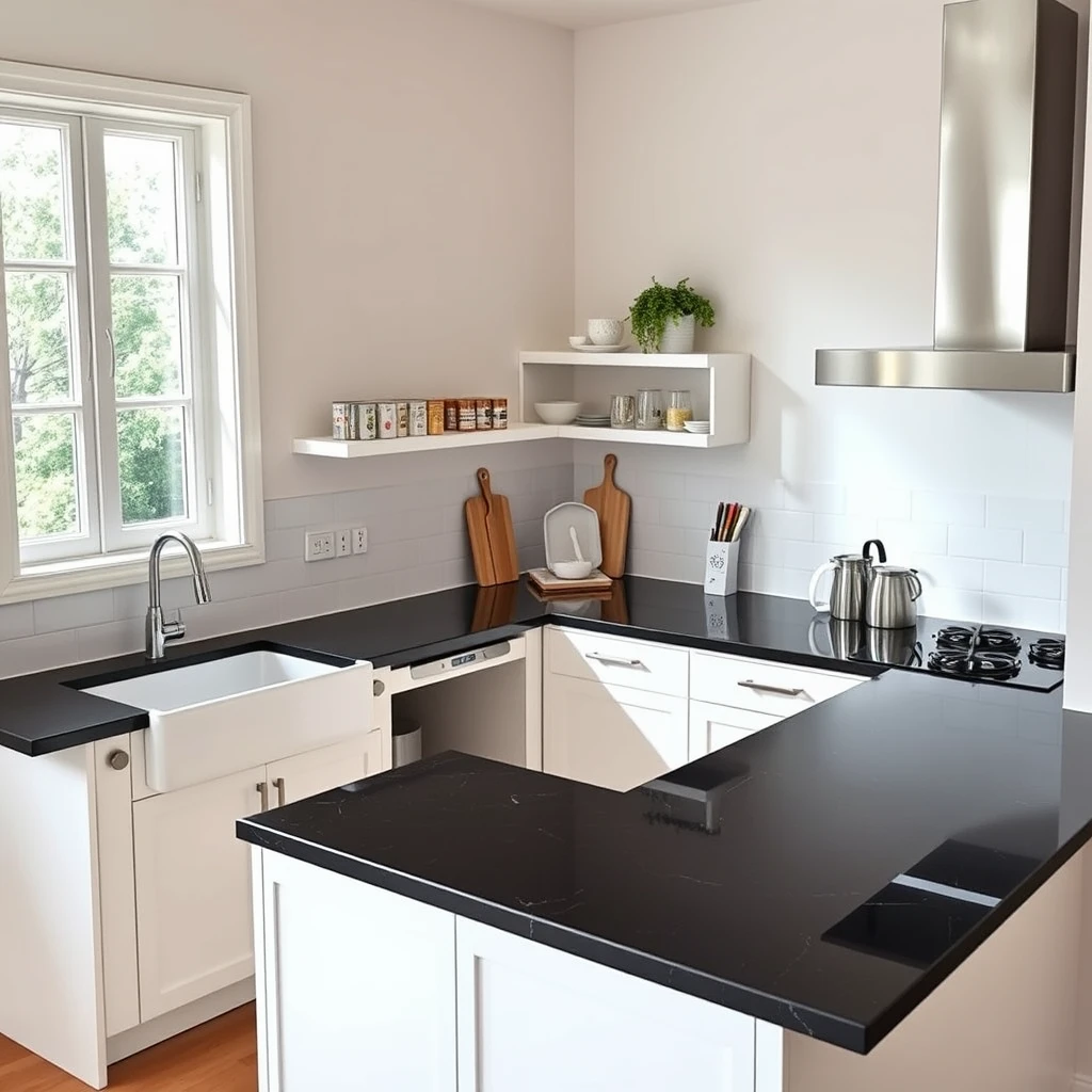 Minimalist and cheerful L-shaped kitchen platform in black granite countertop, with a sink in one corner, a window on one wall, and a cooktop next to another wall, featuring space-saving storage ideas in a fresh style and color palette, spacious enough for 3 people working together.