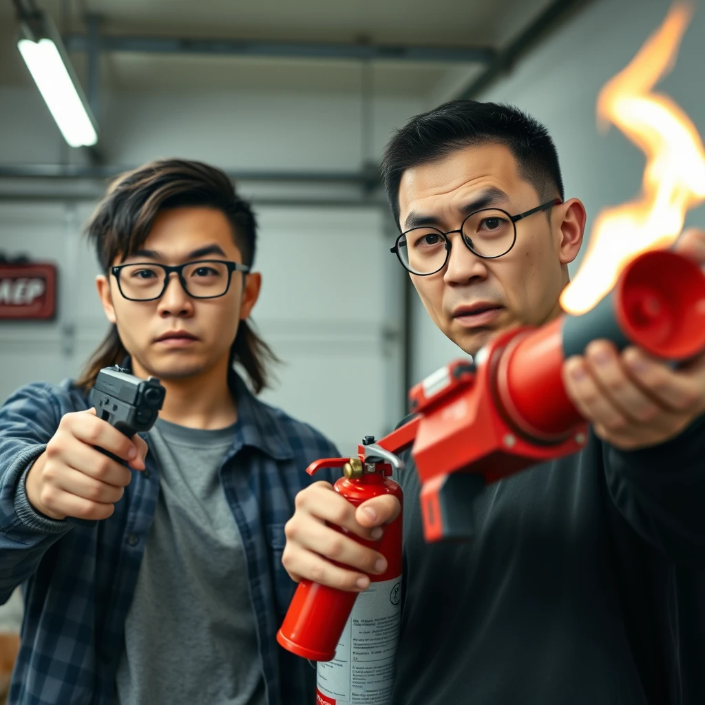 2 person setting, "21 year old northern Chinese man wearing square glasses, mid/long black mullet hair, holding pistol"; "21 year old white European Italian man wearing round glasses, short hair, holding very large fire extinguisher flamethrower", garage setting, both angry.