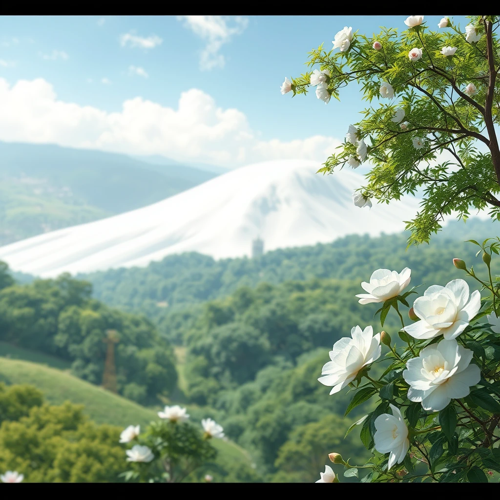 A 32K ultra-high-definition animated image that blends elements of Eastern and Western aesthetics. The scene features a pale white hillside contrasted with lush green valleys and trees. The landscape is carefully designed, with a soft and dreamy depiction that gives it an ethereal quality. White camellias, a symbol of purity and love in both cultures, are scattered throughout the scene, adding a touch of elegance and tranquility. The overall color palette is vibrant and diverse, creating a visually stunning and harmonious landscape. - Image