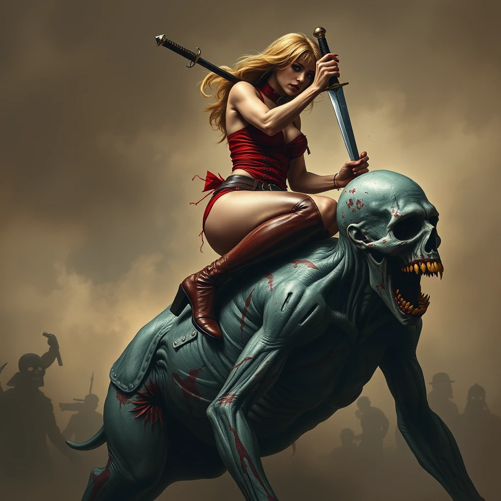 A tall mature woman in red sexy battle leather underwear rides on a zombie's back, her leg open and clamped around the zombie's neck, as she stabs a dagger into the zombie's head, lineart. - Image