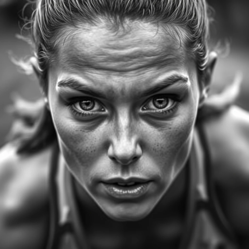 A black and white super close-up photo of a focused female athlete before she sprints, especially her eyes.