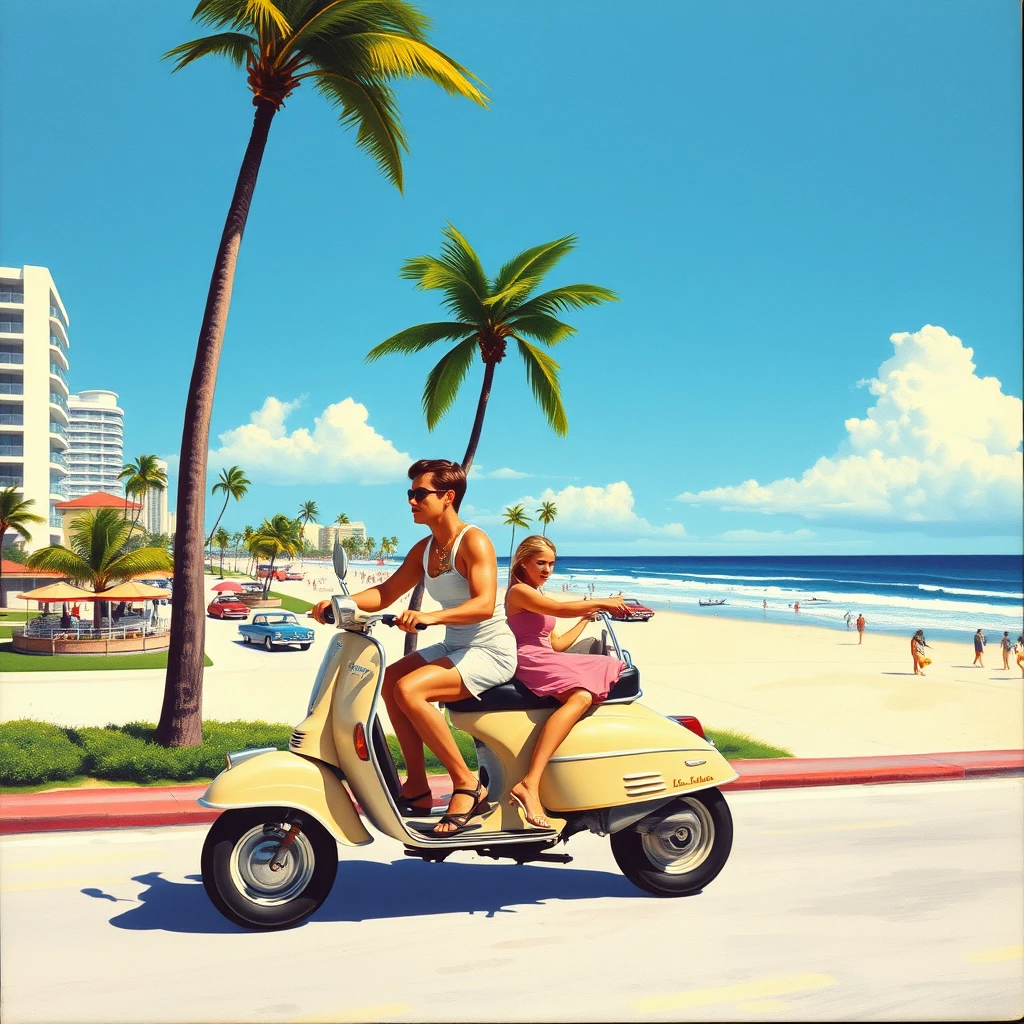 A Miami Beach postcard featuring a couple riding 2 scooters from 1956, as painted by Arthur Sarnoff, wide, landscape view.