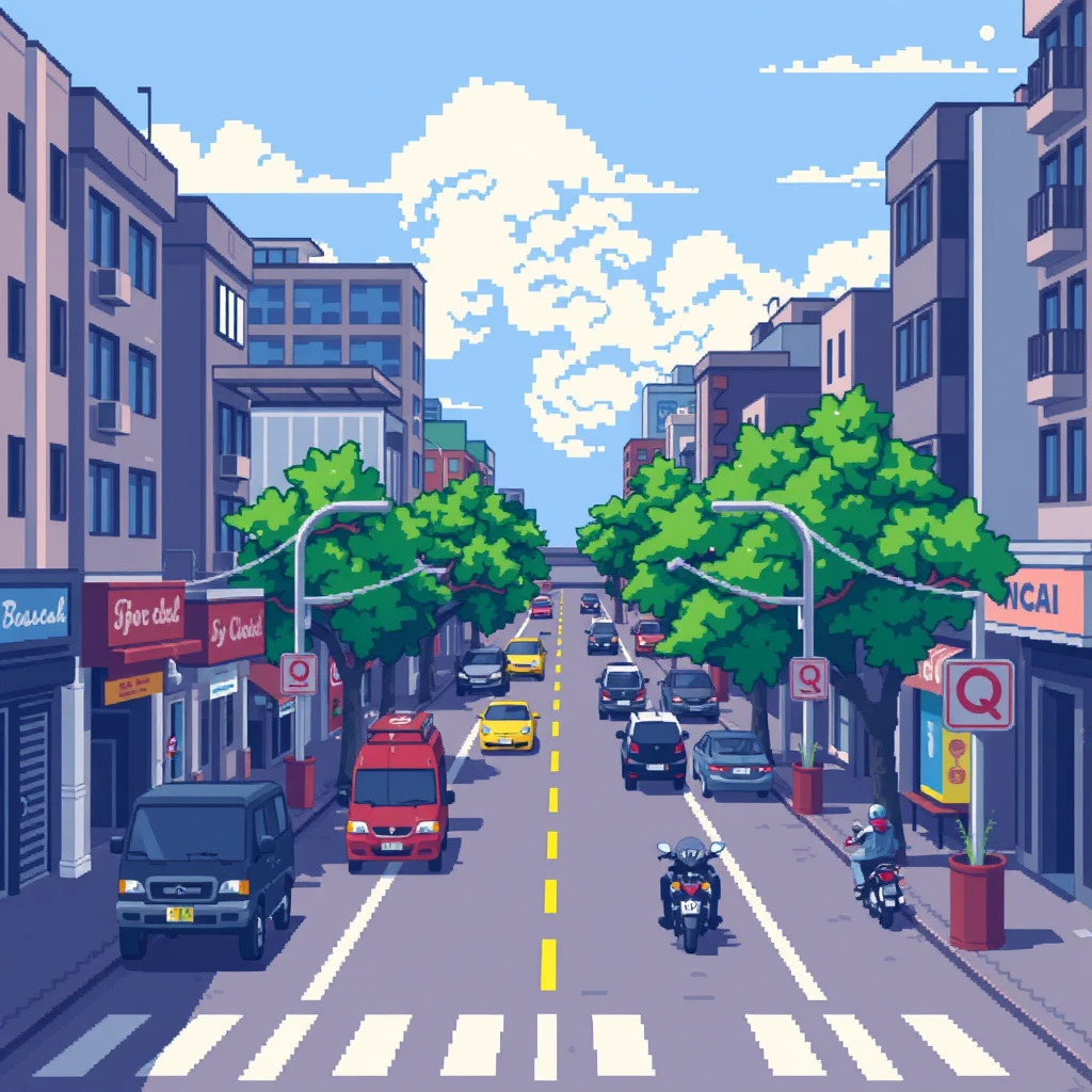 2-bit, pixel art, Urban streets, commercial streets, roads, vehicles, - Image