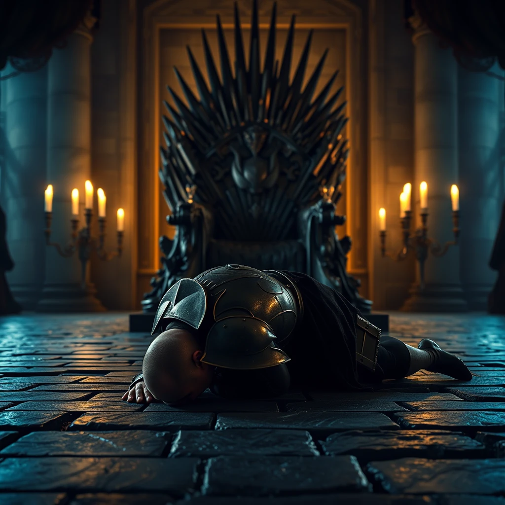 [Scene] This cinematic photograph, rich in detail and dramatic lighting, transports the viewer to a grand hall in medieval Europe. The cold, stone floor reflects the flickering candlelight that dances across the scene, casting long, dancing shadows. In the center of the composition stands a towering, iron throne, its sharp angles and unforgiving metal a symbol of power and authority.  
[Character] Before this imposing throne, a handsome, powerfully built king, clad in heavy plate armor, prostrates himself in fervent prayer. His head is bowed low, touching the cold stone floor, his armored body forming a stark silhouette against the dimly lit background. The weight of his armor and the vulnerability of his posture speak to the burden of leadership and the solemnity of his supplication. - Image