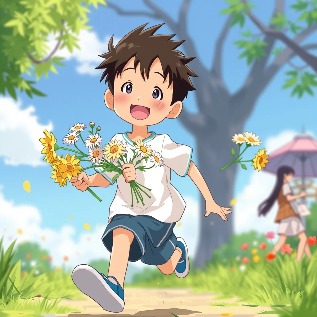 Youth, holding flowers, running, animation, realism, Japan, summer, a person, boys