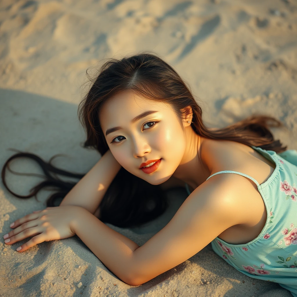 A young beautiful Chinese lady lying on the beach. - Image