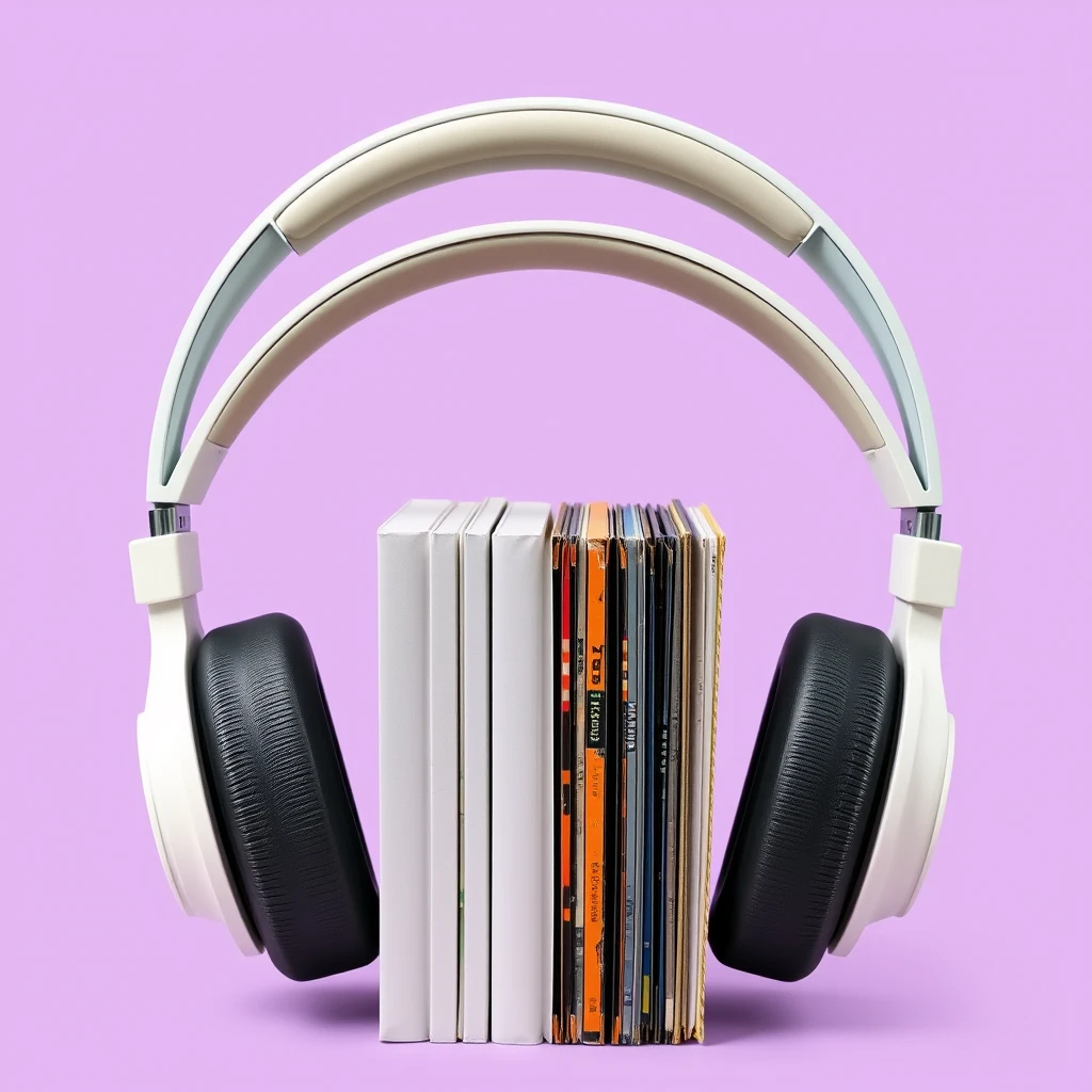 White pair of over-ear headphones clamping together a small number of vinyl records. Records are in their sleeves and stand upright. Isolated against light purple background.