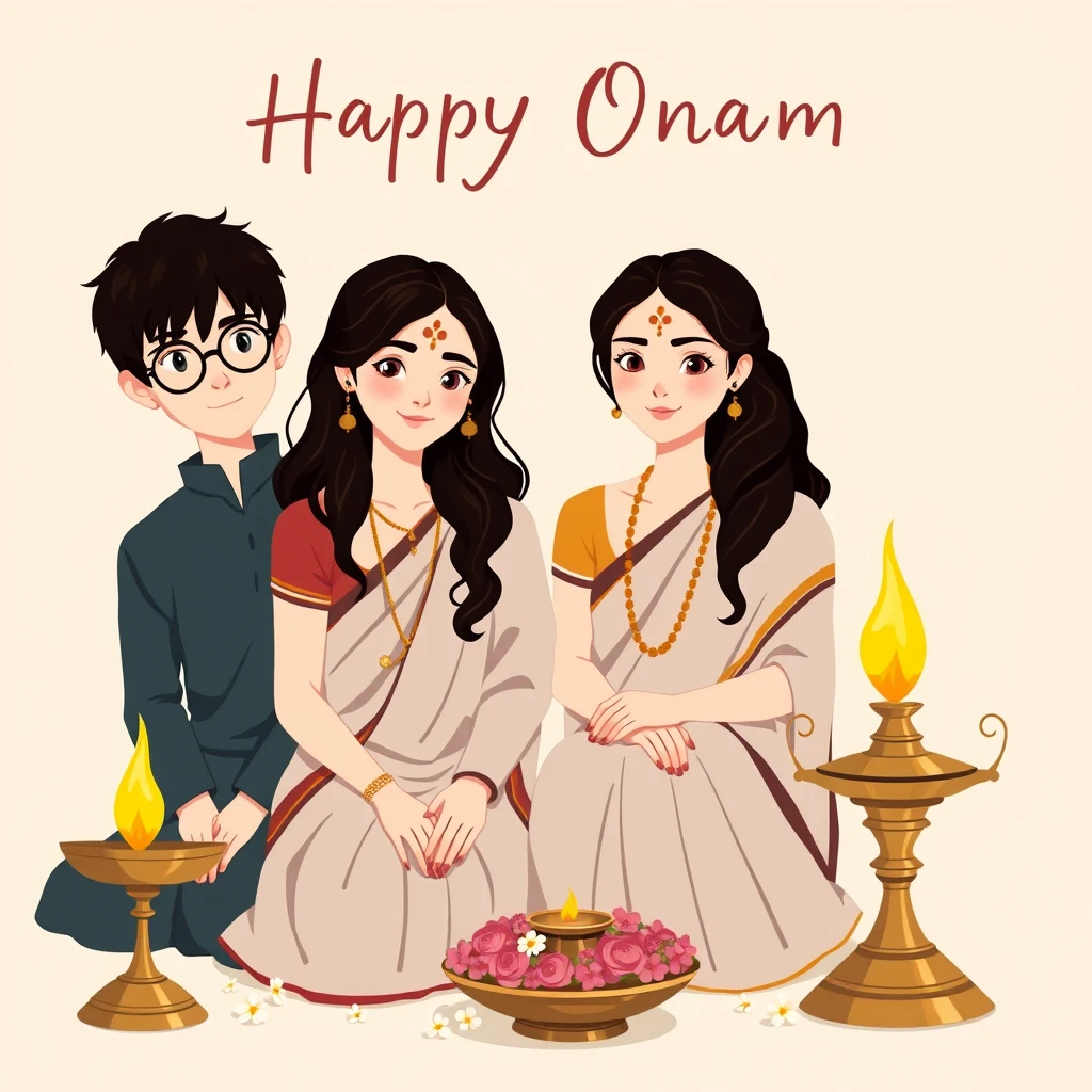 Harry, Hermione, Ginny, and Ron in minimalistic Keralite attire and bindi, wishing Onam with delicate flowers and sitting next to a traditional, tall brass lamp with wick and oil, from Kerala.