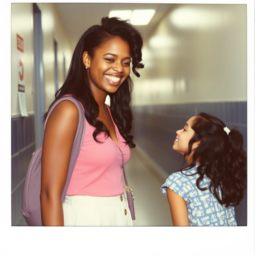 A beautiful African-American female student standing in a school hallway, laughing as a white girl kneels on the floor before her. Polaroid, vintage. - Image