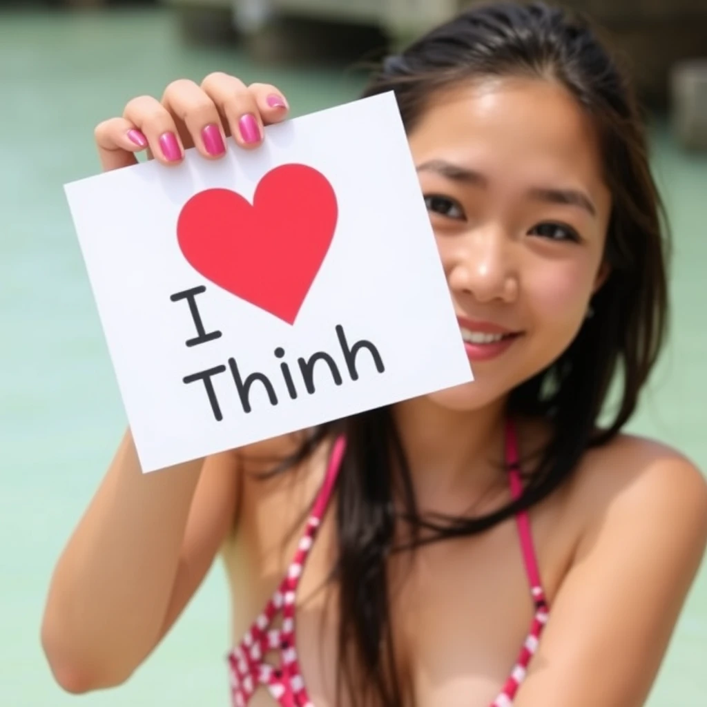 A young woman in a bikini holding a sign with the text "I love Thinh".