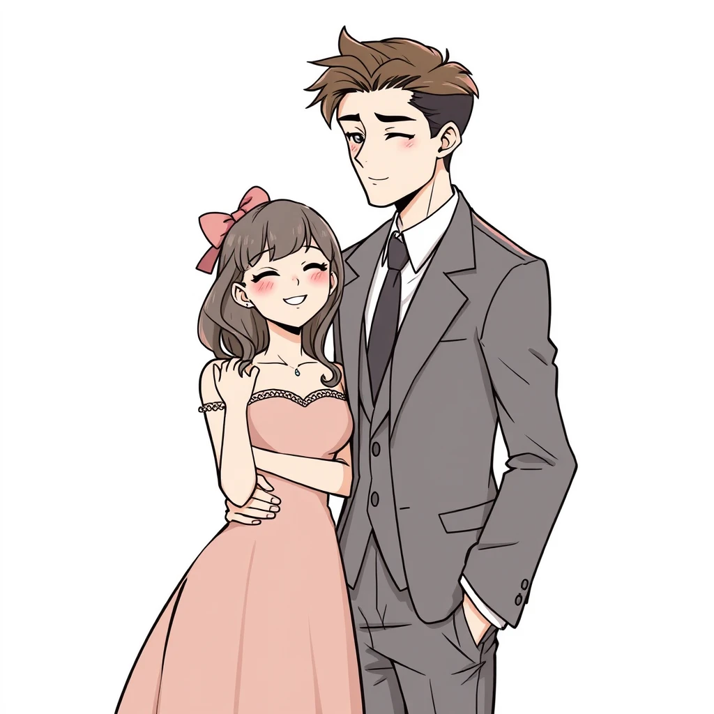 couple, hug, comic lineart, daily life, lolita dress, formal suit, tall and handsome - Image