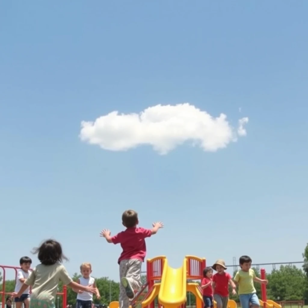 Children playing in a playground, clear sky with only a single cloud in the shape of Jesus.